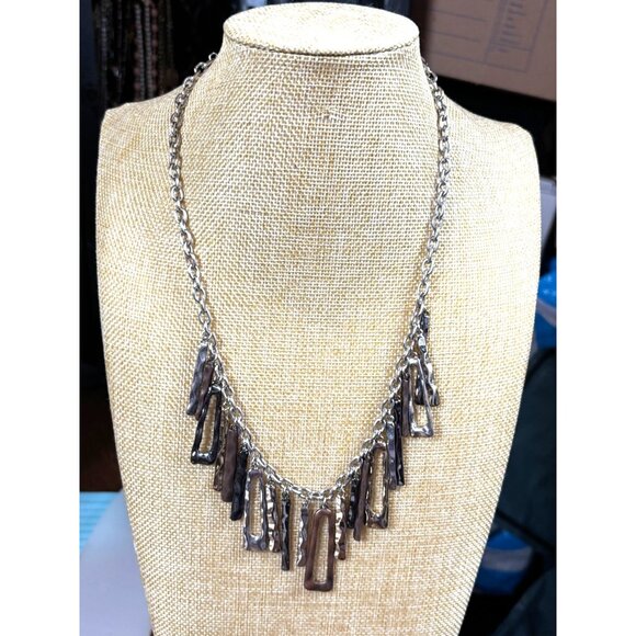 Mixed Metal Statement Necklace With Hammered Geometric Pendants & Lobster Clasp - Picture 3 of 8